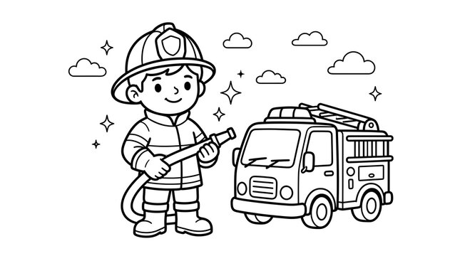 Cute little firefighter standing with water hose next to a fire truck outline line art vector illustration for kids coloring book page