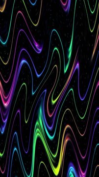 Neon light glowing wave fluid lines on black abstract background for modern vertical mobile reels