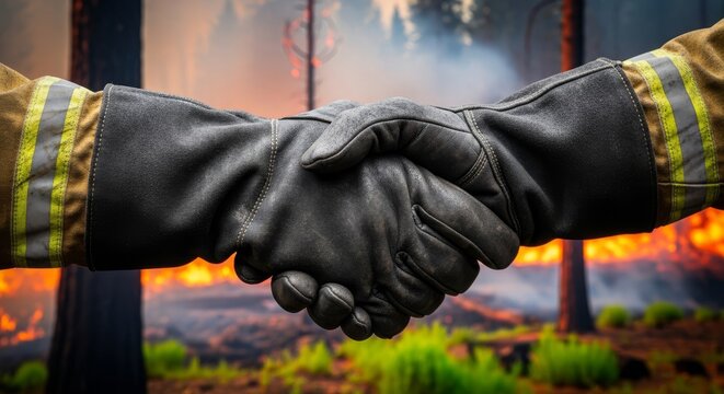 Sooty protective gloves meet in a firm handshake, showcasing teamwork after a wildfire battle. Burnt trees and smoke fill the outdoor view, cooperation, handshake, safety