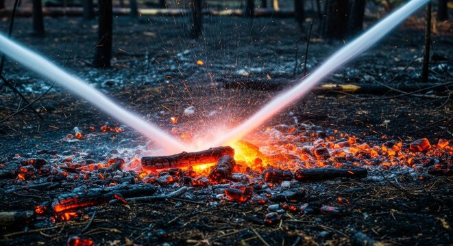 High-pressure water streams hitting glowing embers and burning debris in a dense forest area during a critical emergency response situation, environmental, mist, emergency
