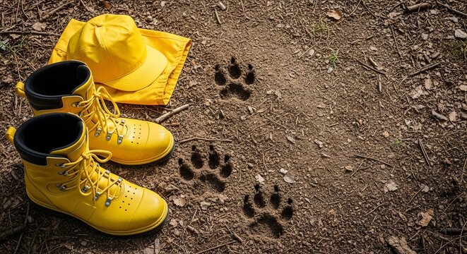 Yellow protective boots and gear are seen near wild animal tracks impressed on the soft soil of a lush, regenerated woodland terrain, outdoors, conservation, tracking