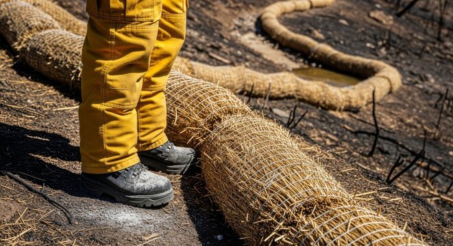Protective yellow uniform details and heavy boots next to straw fiber wattles on a scorched hillside to manage runoff after a wildfire, boots, slope stability, ash