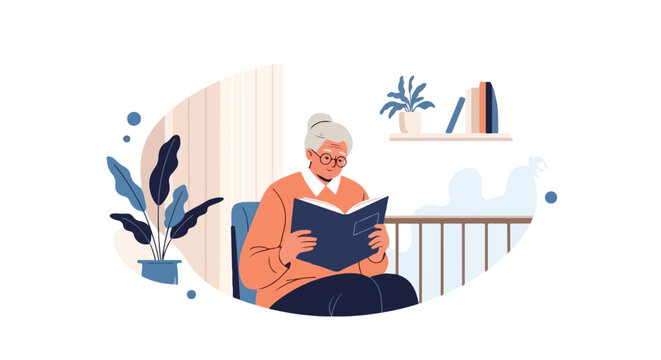 An elderly woman wearing glasses sits comfortably in a chair at home while happily reading an open book.