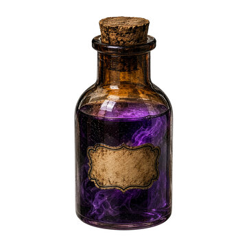 Purple magic potion bottle illustration with cork and label on white
