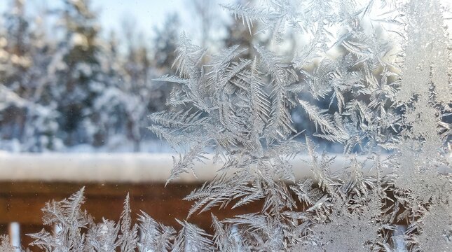 Frost patterns on a window with a snowy forest background.