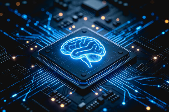 A close-up of an integrated circuit chip on a circuit board, featuring a glowing holographic brain symbol representing artificial intelligence and neural computing.