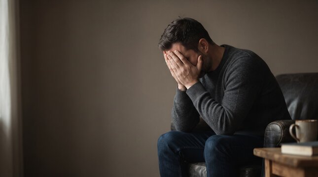 stressed man sitting on armchair covering face with hands in deep depression and sorrow