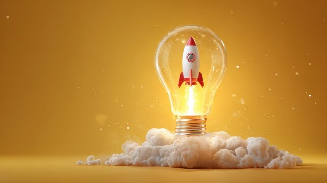 A miniature rocket launching inside a light bulb with smoke at the base against a yellow background. Concept for business growth, innovation, and startup success.