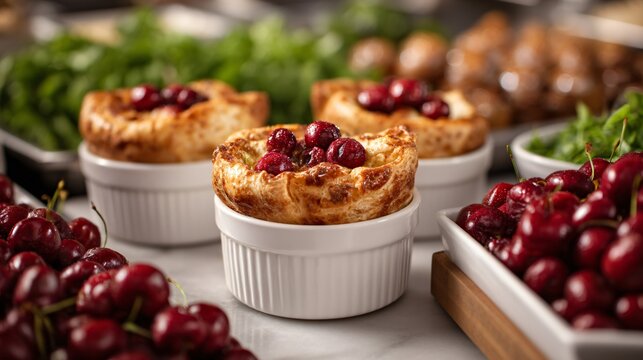 Cherry popovers on brunch buffet table, abundance and hospitality concept, professional food photography