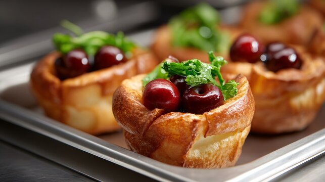 Cherry popovers on brunch buffet table, abundance and hospitality concept, professional food photography