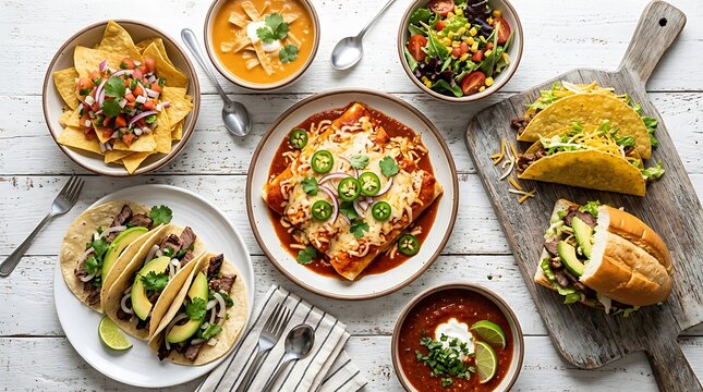 Traditional Mexican Food Spread with Beef Tacos Enchiladas Nachos and Salsa on White Wooden Table Background for Menu.