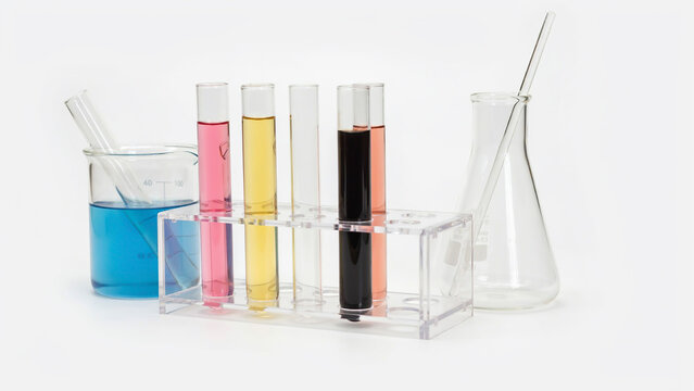 A collection of laboratory glassware including test tubes with pink, yellow, and black liquids, a beaker with blue liquid, and an Erlenmeyer flask with a glass stirring rod