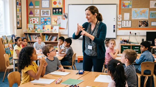Teacher using sign language to teach diverse young students in a bright elementary school classroom
