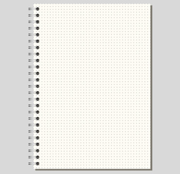 Ivory cross grid notebook page shows fine crosshatched squares, side wire binding, and upright portrait format on light gray background. Suitable for schoolwork, planning, stationery layouts, notes
