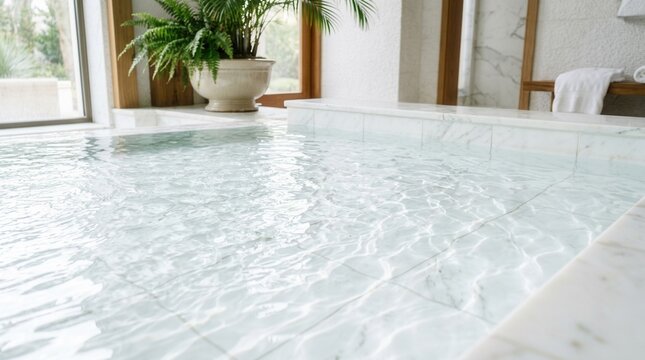 Indoor Swimming Pool with Clear Water and Lush Green Plant.