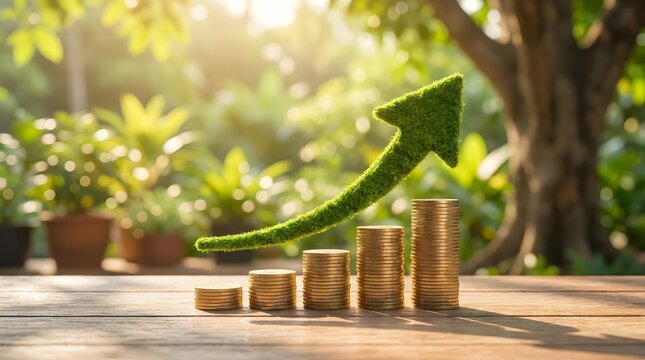 Green grass arrow pointing up over stacked gold coins in garden