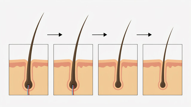 A medical illustration showing the four stages of hair growth in a follicle, from anagen to telogen, with black arrows indicating the progression