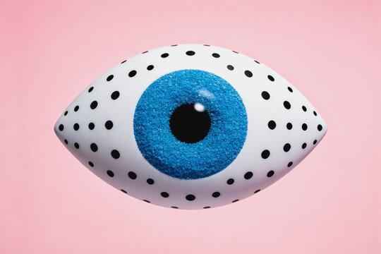 A stylized eye design with blue iris, black polka dots on white sclera, set against a soft pink background.
