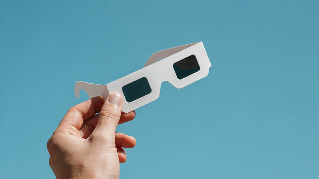 A person's left hand holds a pair of white paper 3D glasses against a solid light blue background
