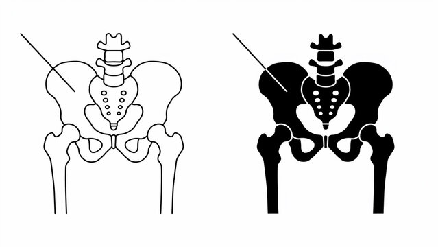 A side-by-side comparison of a human pelvis and femur bone illustration, with the left side in black outline and the right side in solid black silhouette