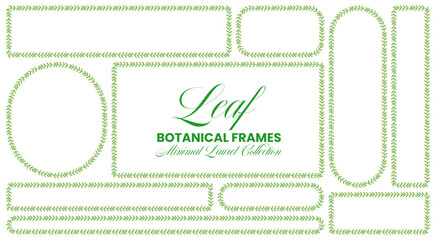 Naklejka premium Green laurel vine borders shape rectangle, circle, strip plus tag frames beside botanical title text as minimal wedding trim isolated on white for invitation stationery, labels or scrapbook crafts.