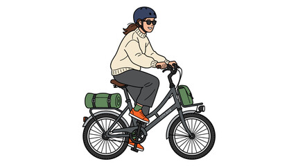Fototapeta premium Minimalist illustration of a young woman riding a city bicycle with travel bags and a sleeping mat, wearing a safety helmet and sunglasses, isolated on white for transport and lifestyle concepts.