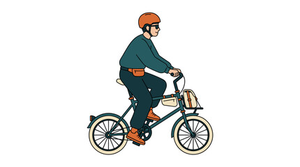 Fototapeta premium Flat vector illustration of a man riding a dark green commuter bicycle equipped with frame bags and wearing an orange safety helmet, isolated on a white background for urban travel and lifestyle