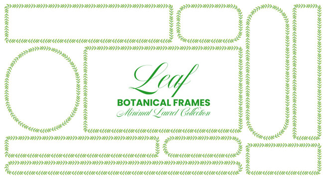 Green laurel vine borders shape rectangle, circle, strip plus tag frames beside botanical title text as minimal wedding trim isolated on white for invitation stationery, labels or scrapbook crafts.