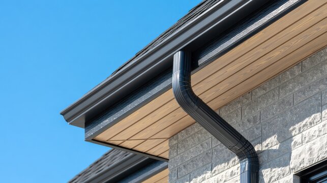 A low angle view of a modern house roof featuring black rain gutters against a bright blue sky. This image is perfect for real estate exterior concepts.