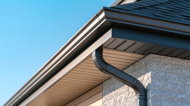 A new modern residential roof features black seamless aluminum gutters against a clear blue sky. This showcases professional home improvement and exterior maintenance services.