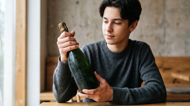 Young man holding a cold bottle of champagne or sparkling wine indoors