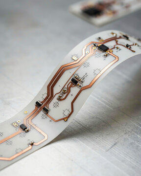 Detailed view of a flexible circuit board with copper pathways and microchips printed