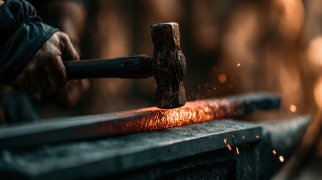 A blacksmith strikes hot glowing iron on an anvil with a heavy hammer in a workshop. Conceptual image for craftsmanship, industrial tradition, and hard work.