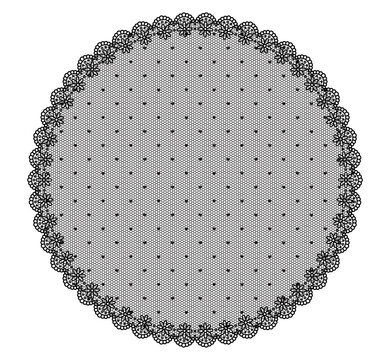 Black daisy eyelet lace circle doily with broderie anglaise scalloped trim surrounds hexagonal mesh dot center on white. as vintage round placemat for wedding invitations or cottagecore craft labels.