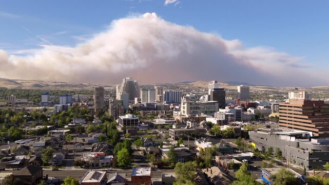Reno Nevada - Aerial Approach Towards Downtown with Massive Smoke Plume from Hawk Fire 2026