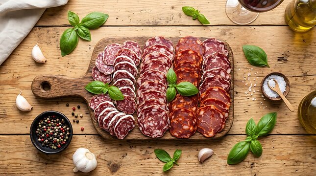 Assorted Sliced Salami and Chorizo Platter on Rustic Wooden Board with Fresh Basil Leaves for Restaurant Menu Design