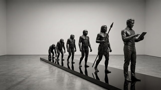 Sculptures of human evolution featuring man with digital tablet
