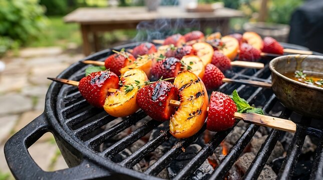 Tasty Grilled Strawberry and Peach Fruit Skewers on a Backyard Barbecue for Healthy Summer Dessert Presentation Food.