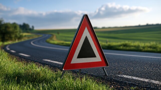 Red triangular warning sign placed on the side of a winding rural road surrounded by green fields under a partly cloudy sky on a sunny day