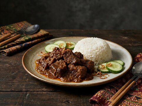 Delicious beef rendang with white rice and cucumber slices on a plate. Basic Indonesian Dish