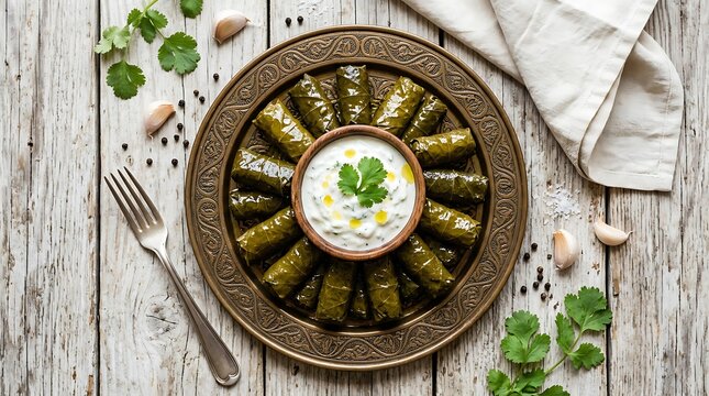 Traditional Dolma Stuffed Grape Leaves with Yogurt Dip on Rustic Wood Table for Mediterranean Cuisine Restaurant Menu