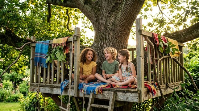 Three laughing happy children sitting together on a rustic wooden backyard treehouse platform built around a thick oak tree, draped with colorful striped blankets bathed in warm golden sunlight