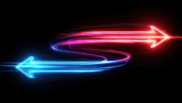Glowing red and blue arrows flow in opposite directions against a black background. This abstract visual represents competition or opposing forces in business.