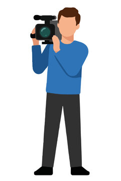 Hand-traced vector illustration of a cameraman steadying a shoulder-mounted video camera, wearing a blue shirt and filming in a clean, minimal style