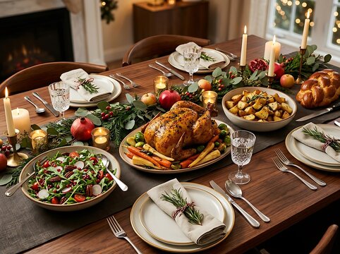 Roasted turkey dinner served on a decorated wooden table for a festive holiday celebration. Kosher meal ideas