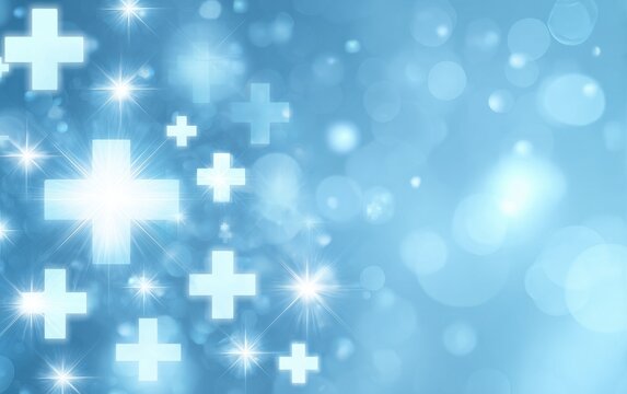 Abstract medical blue background with glowing light crosses and bokeh. Perfect for healthcare technology presentations and pharmaceutical marketing visuals.