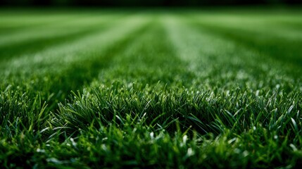 Naklejka premium Vibrant green grass field with fresh morning dew showcasing rich texture and natural patterns stretching into a soft focused horizon for outdoor scenery