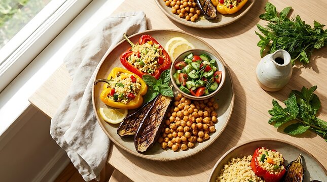 Stuffed bell peppers with chickpeas and salad served on a wooden plate on a sunny table. Kosher meal ideas
