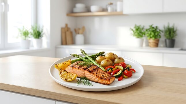 Grilled salmon fillet with asparagus and roasted potatoes on a plate in a bright modern kitchen. Kosher meal ideas