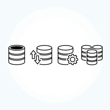 Flat line icons for database storage and server systems used in data management and digital information infrastructure